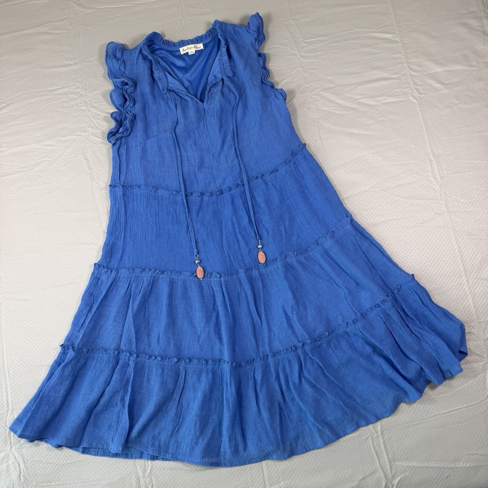 Indigo Rose Womens Large Blue Tiered Boho Midi Dress Ruffle Sleeve Tie V Neck